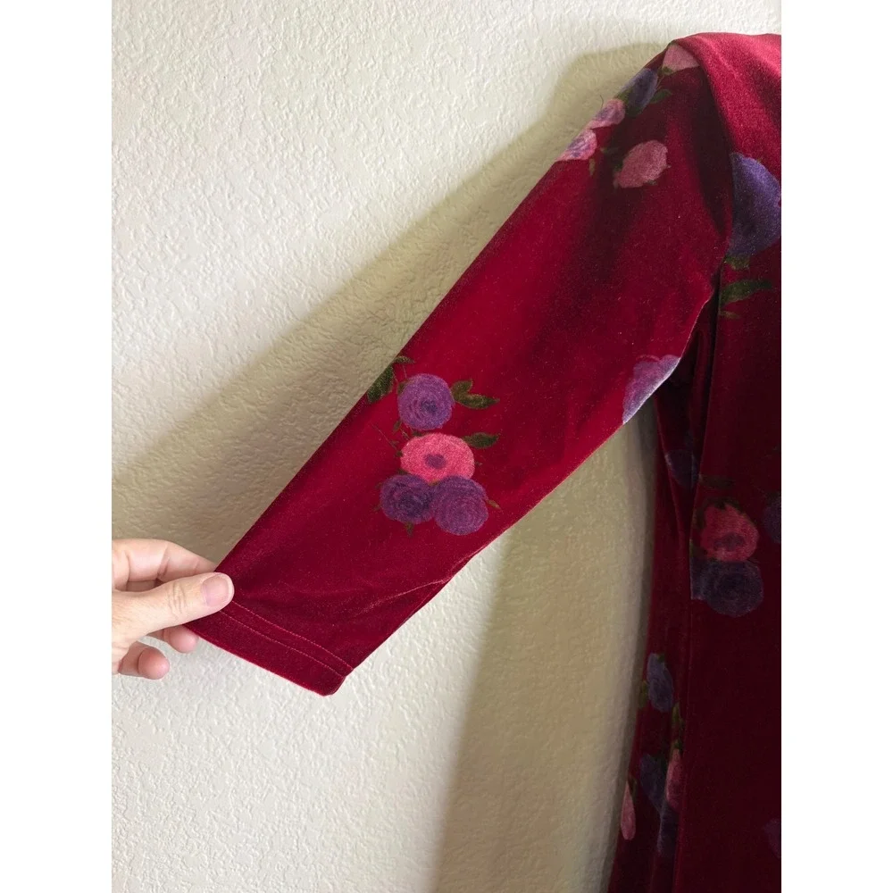 Los Angeles Gal Womens M Maxi Dress‎ Burgundy Velvet Floral 3/4 Sleeve Vintage